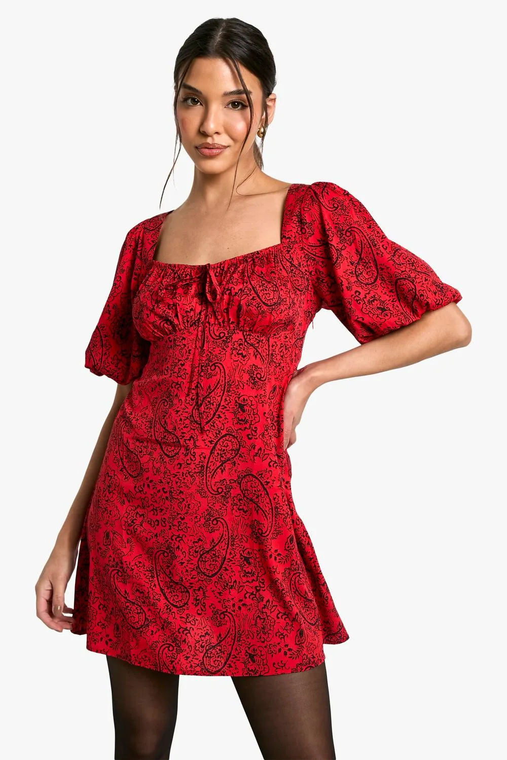 Paisley Puff Sleeve Mini Dress by boohoo