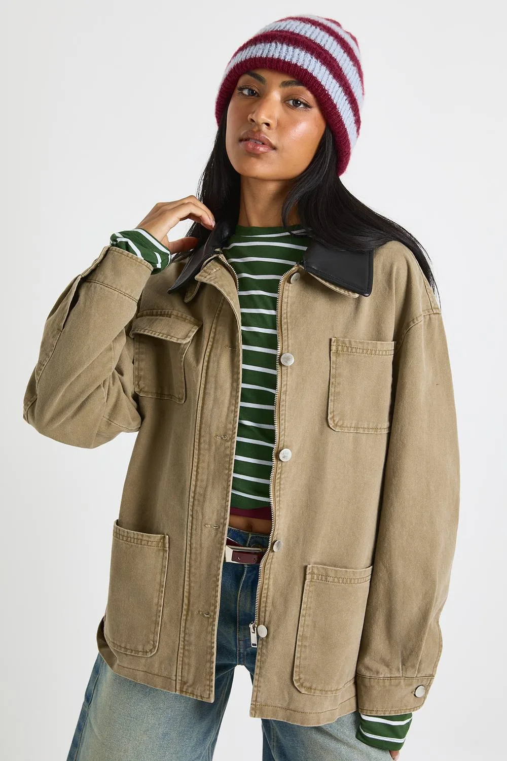 Faux Leather Contrast Collar Barn Jacket by boohoo