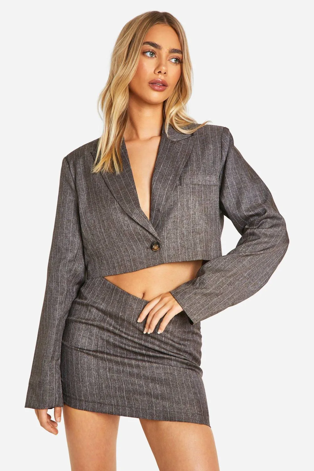 Premium Pinstripe Marl Cropped Boxy Tailored Blazer by boohoo