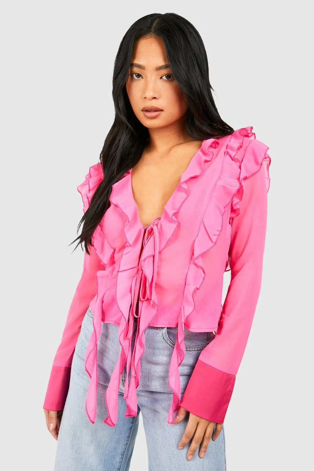 Ruffle Detail Tie Front Top by boohoo