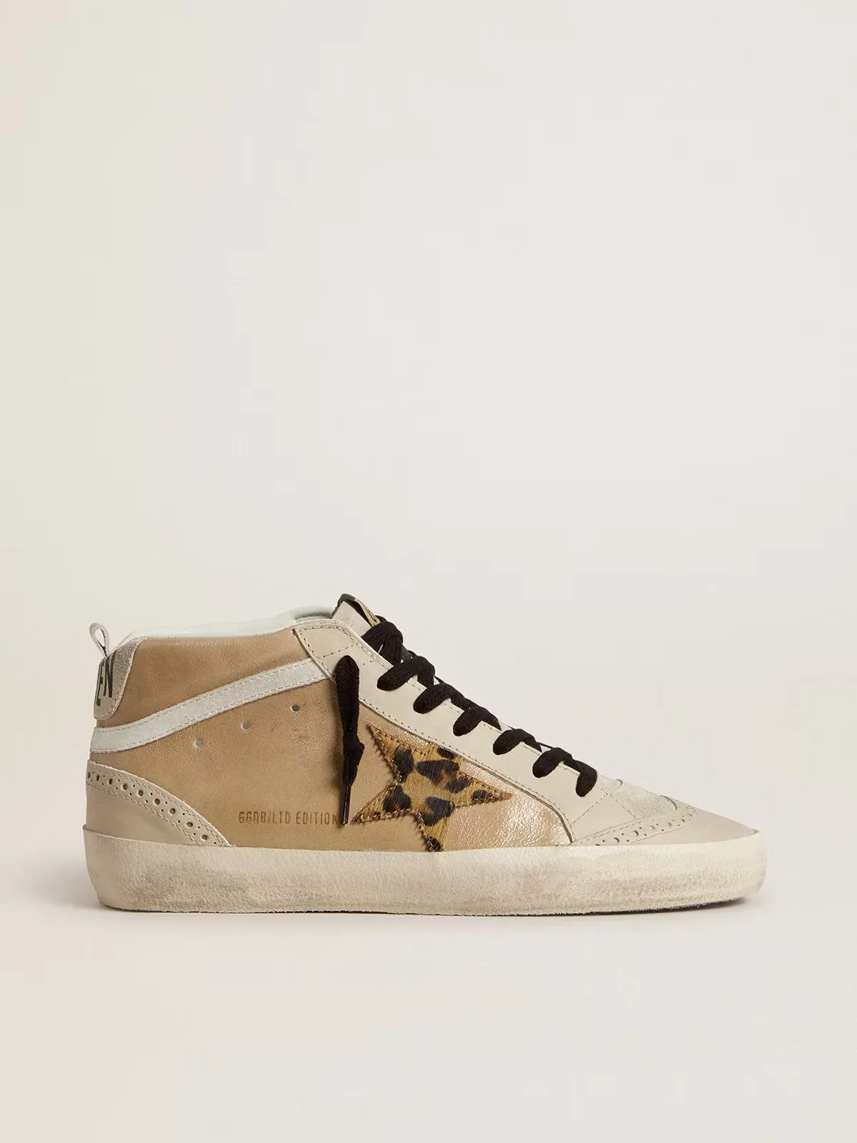 Mid Star in Beige Naplak Leather with Leopard-Print Pony Skin Star by Golden Goose