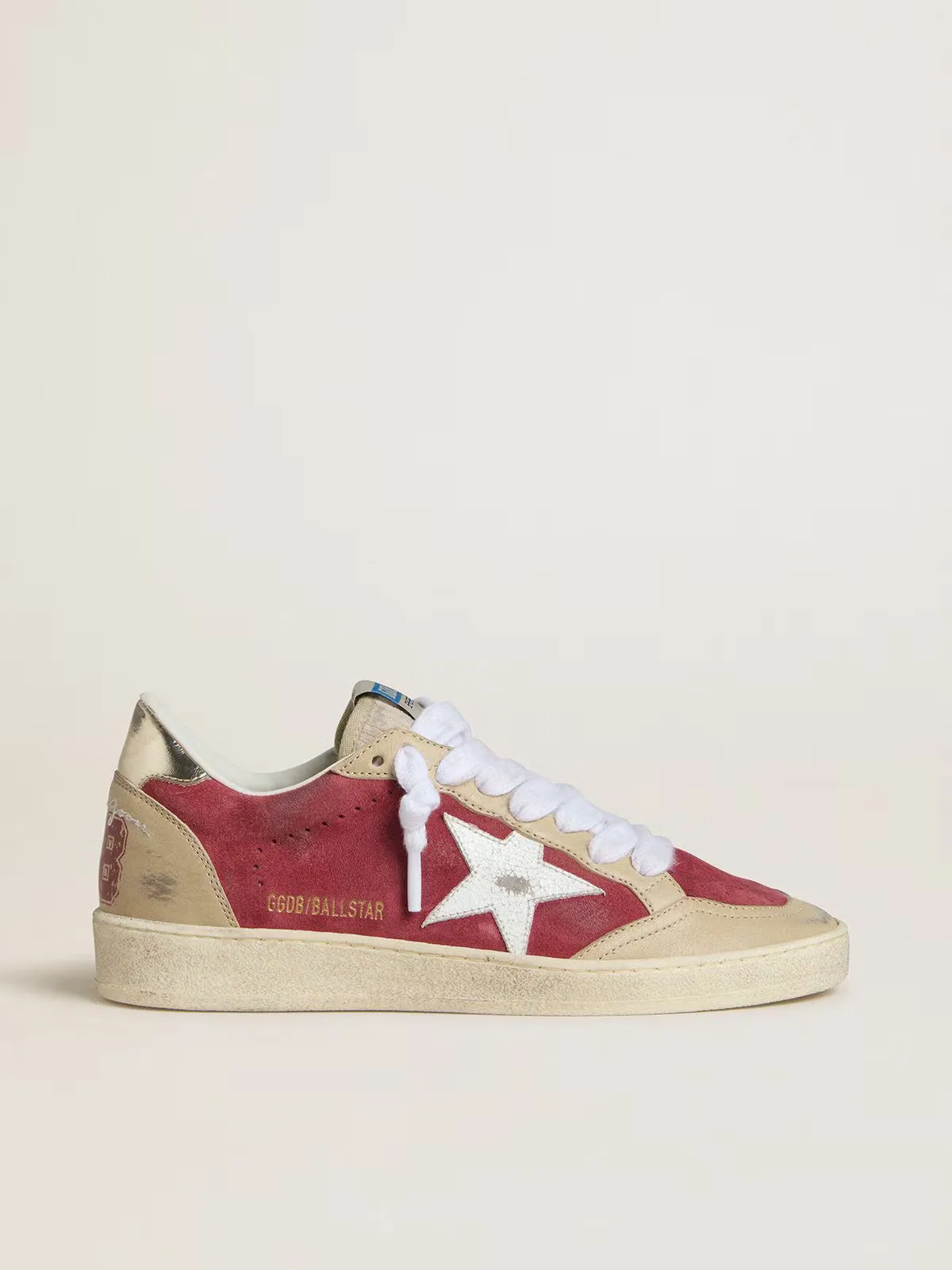 Ball Star in Red Suede with White Crackle Suede Star and Platinum Leather Heel Tab by Golden Goose