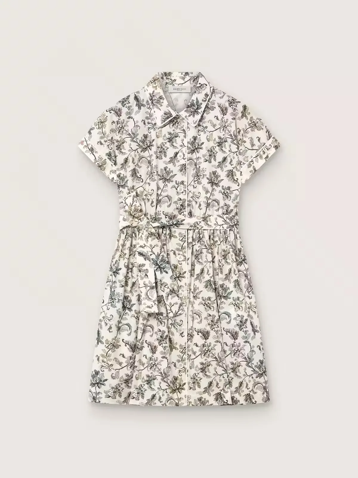 Journey Dress in White Cotton Canvas with Green Floral Print by Golden Goose