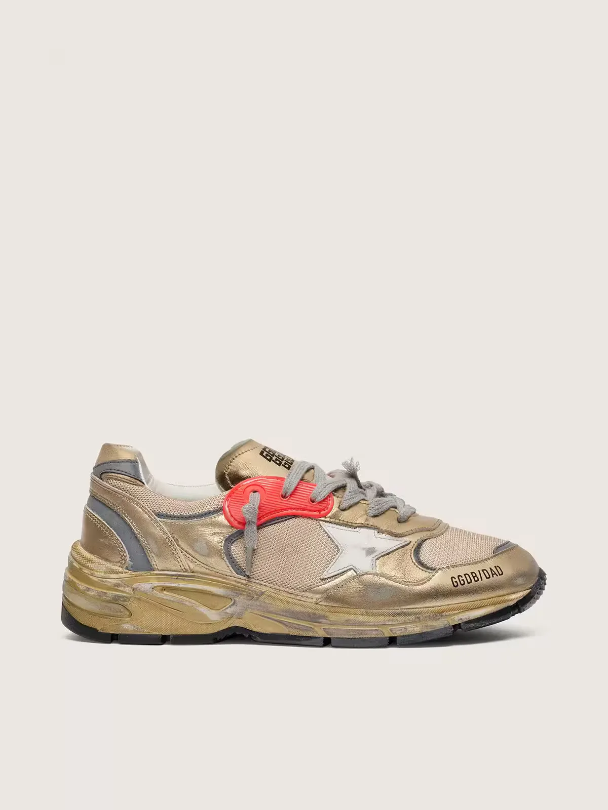 Dad-Star in Gold Laminated Leather and Mesh with White Leather Star and Gold Leather Heel Tab