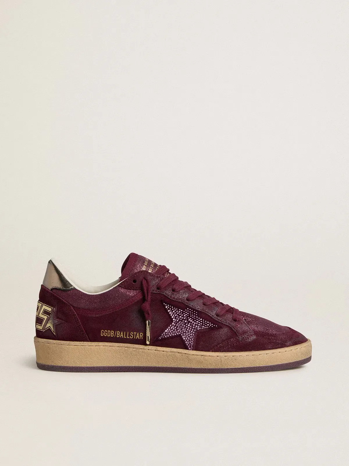 Ball Star in Burgundy Suede with Crystal Star and Metallic Leather Heel Tab by Golden Goose