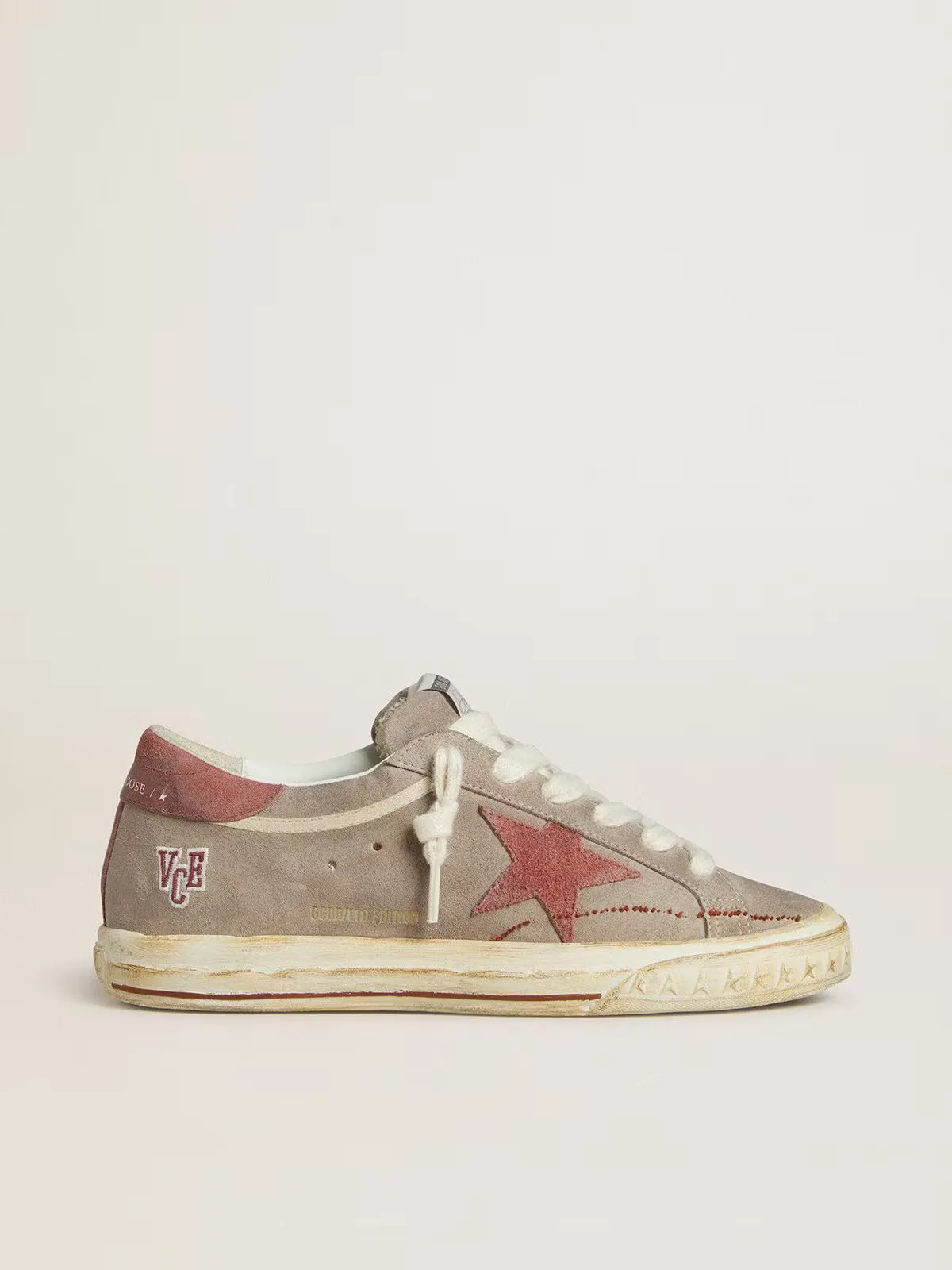 Super-Star Ltd in Gray Suede with Red Waxed Suede Star and Heel Tab by Golden Goose