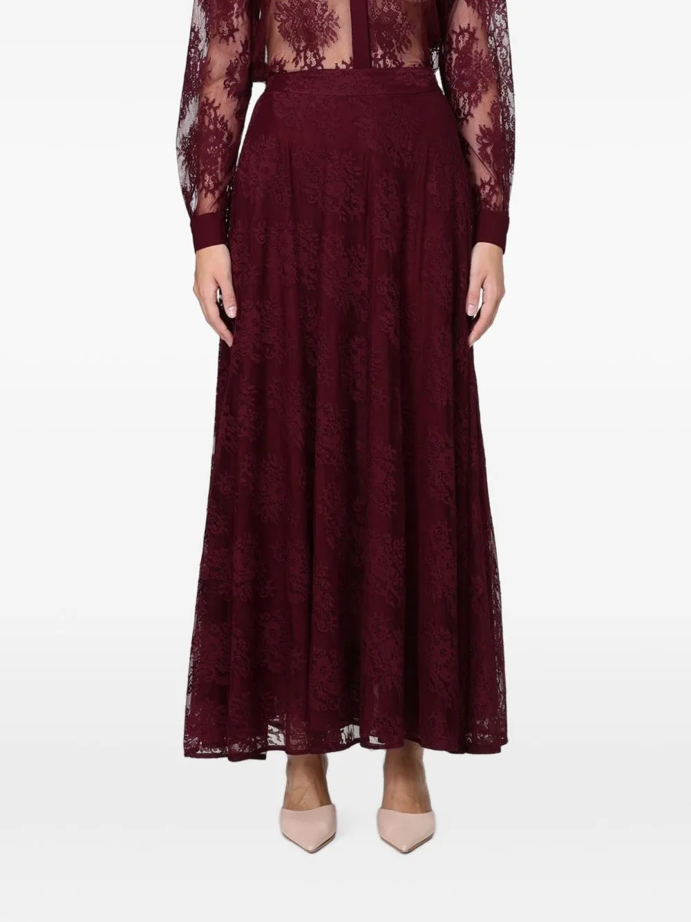 Floral-Lace Flared Maxi Skirt by Hanita