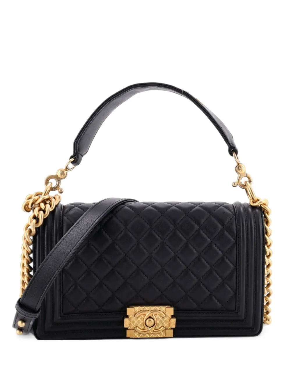 Logo Top Handle Boy Flap Bag Quilted Calfskin Old Medium Shoulder Bag