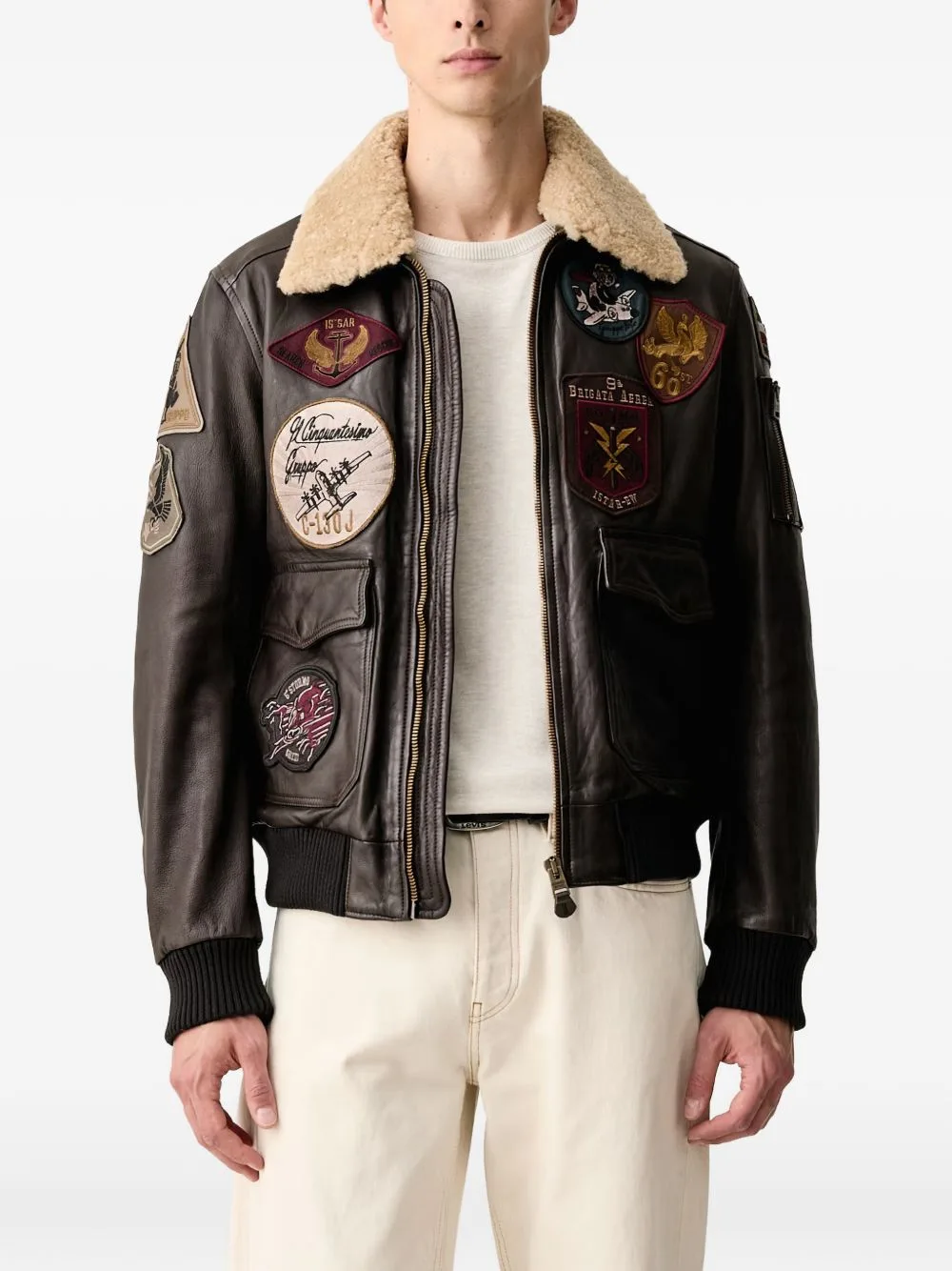 Patch-Detail Shearling-Collar Leather Jacket by Aeronautica Militare