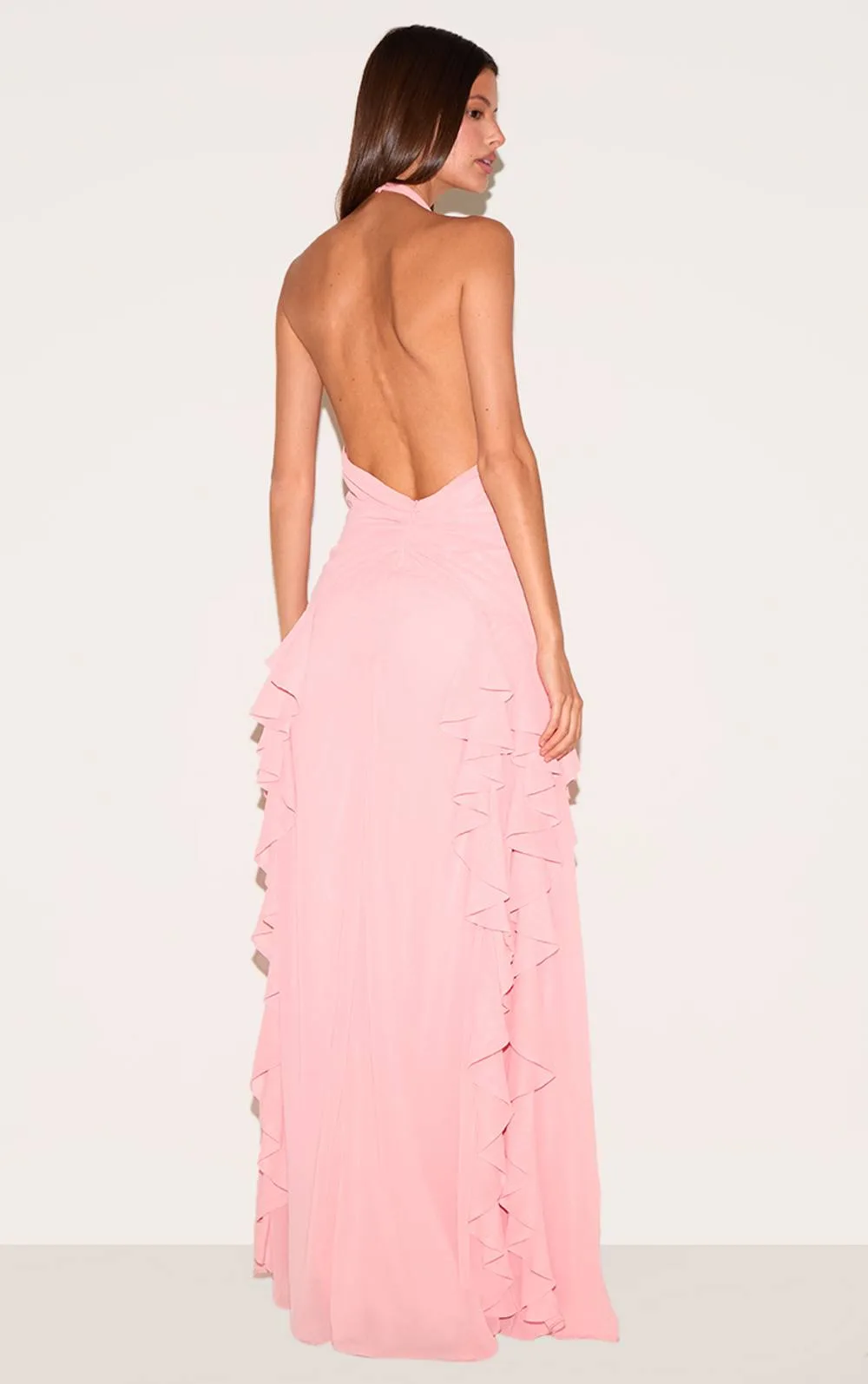 Plunge Ruched Frill Detail Maxi Dress - Stone by PrettyLittleThing