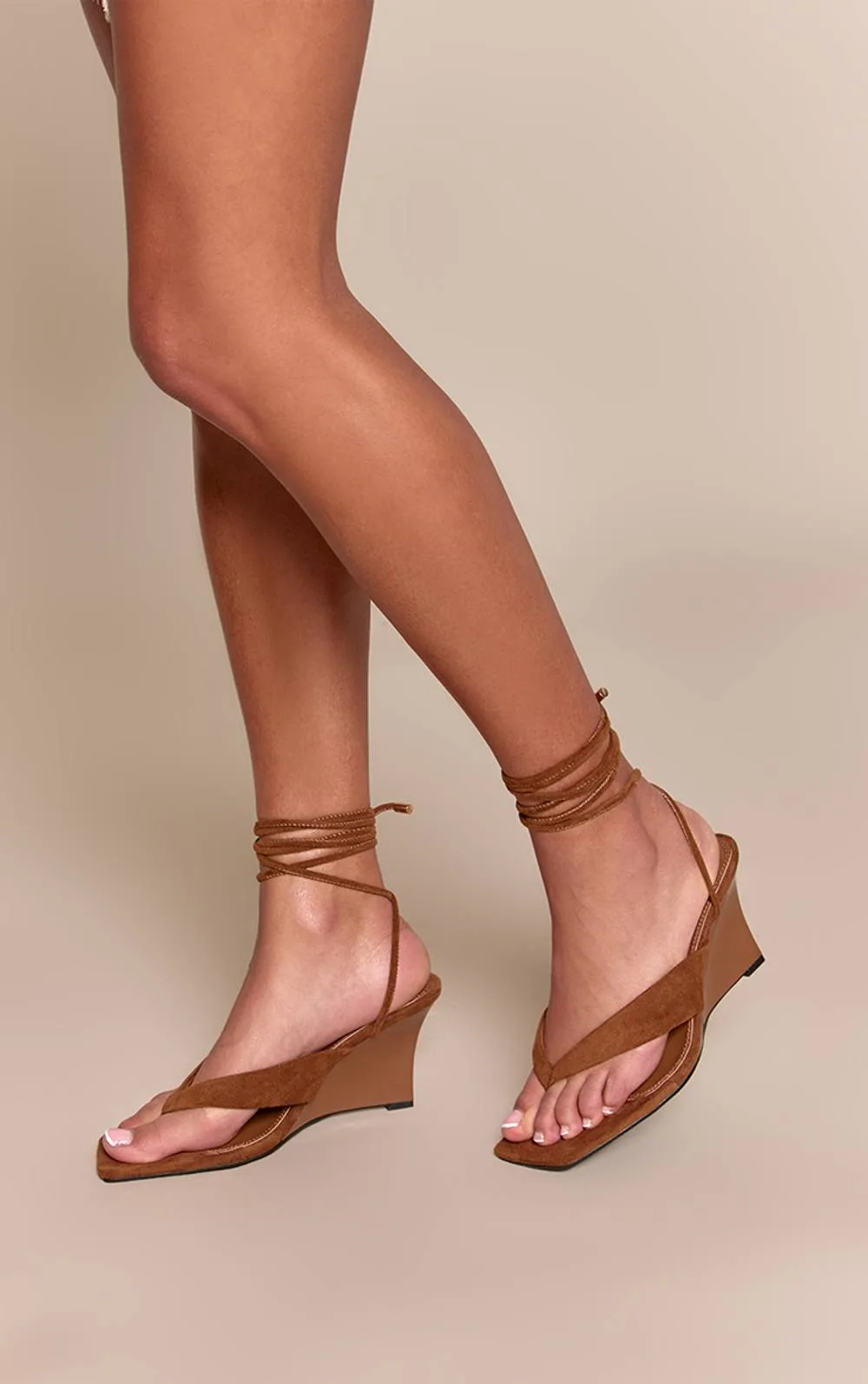 Faux Suede Toe Thong Lace Up Wedges by PrettyLittleThing