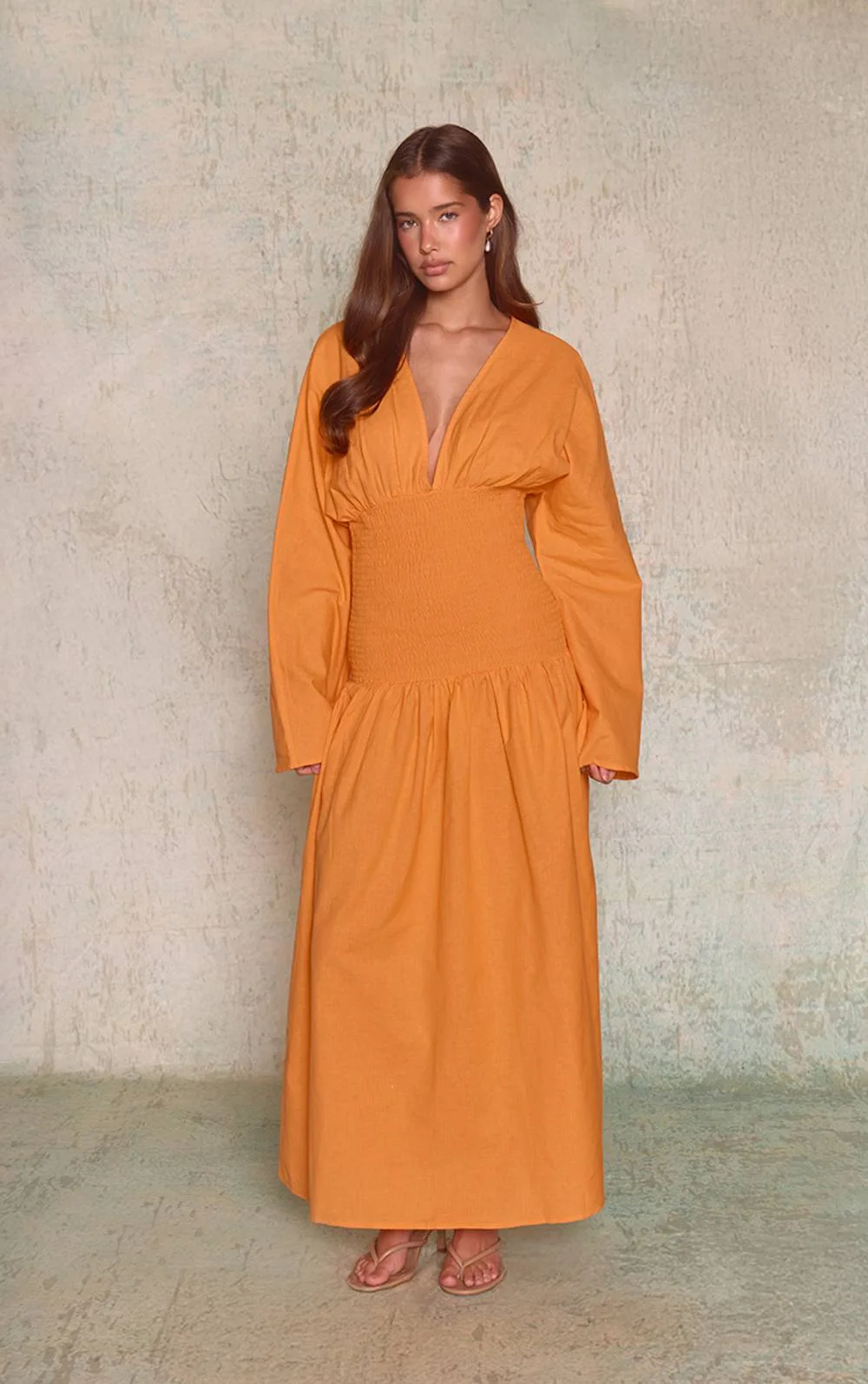 Linen Look Shirred Waist Maxi Dress
