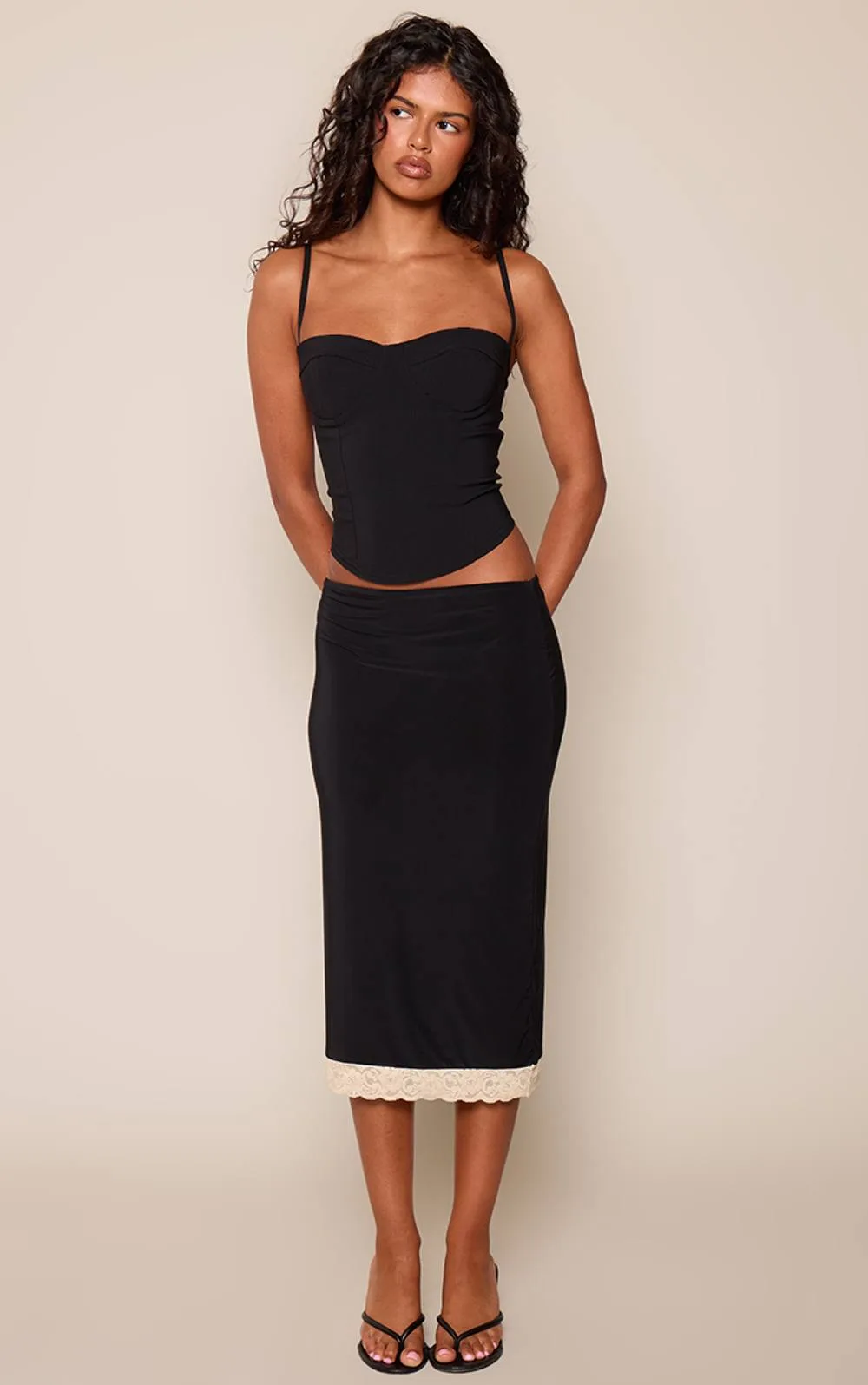 Slinky Lace Trim Midi Skirt