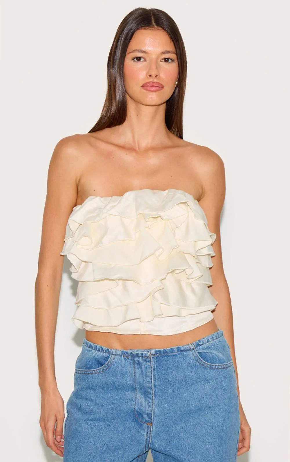 Satin Ruffle Bandeau Top by PrettyLittleThing