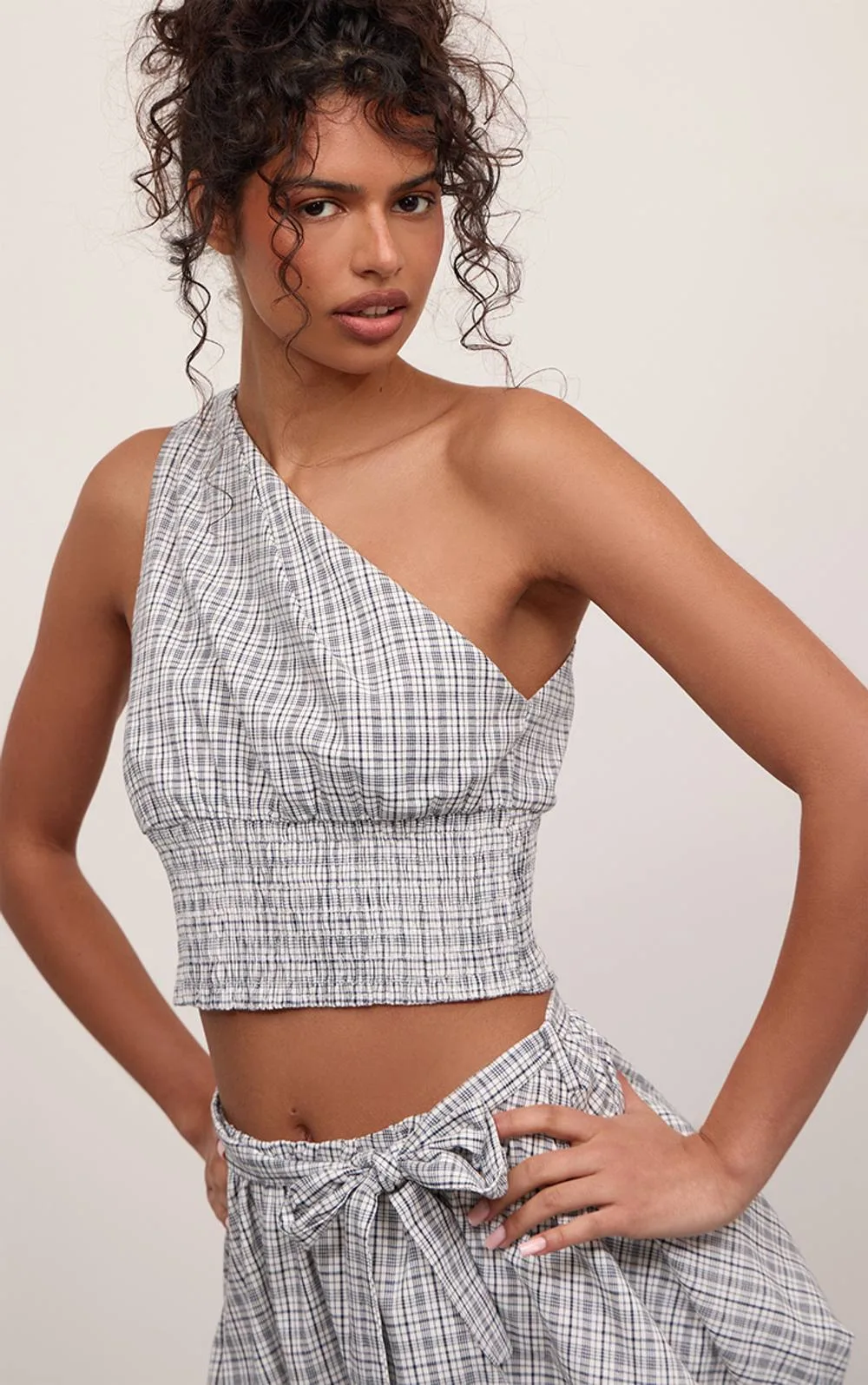 Checked One Shoulder Shirred Top Co-Ord by PrettyLittleThing