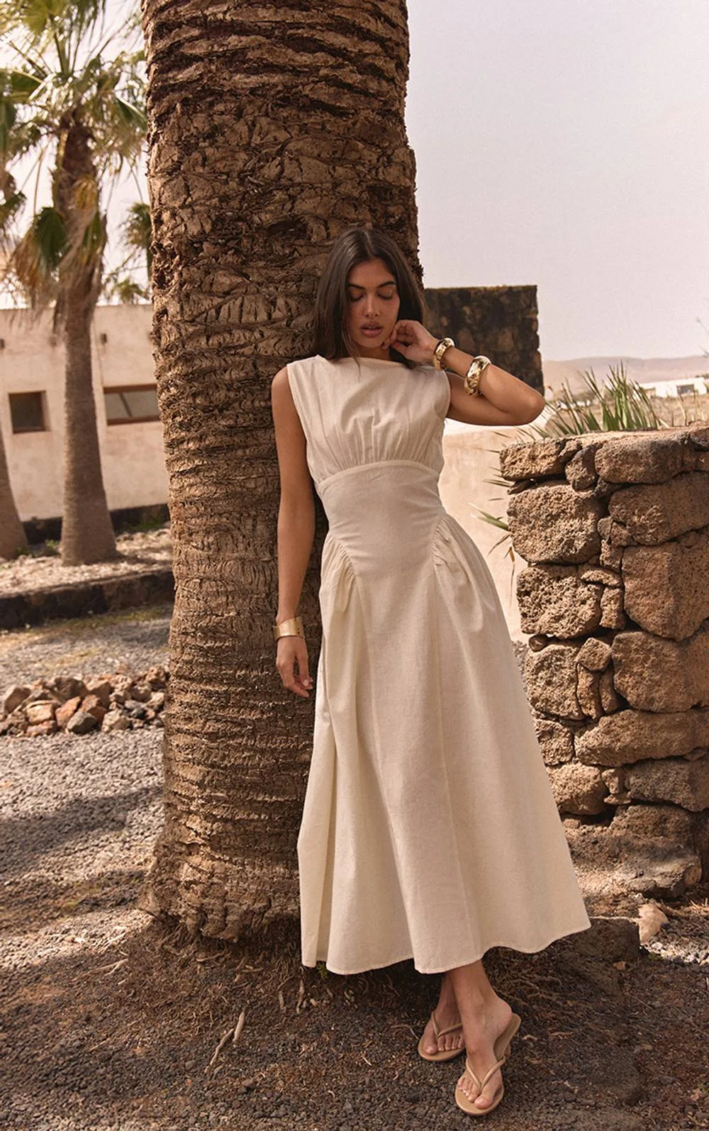 Linen Look Ruched Waist Maxi Dress by PrettyLittleThing