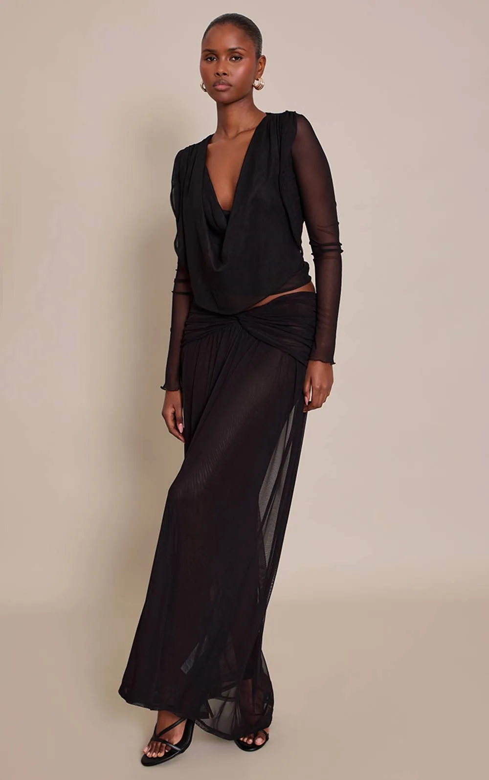 Mesh Twist Front Detail Floaty Maxi Skirt