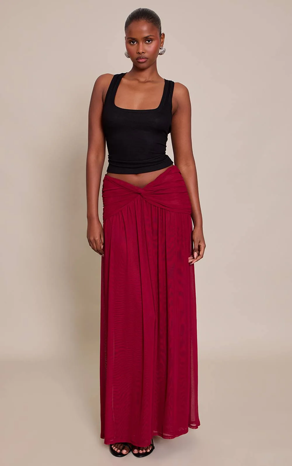 Mesh Twist Front Detail Floaty Maxi Skirt