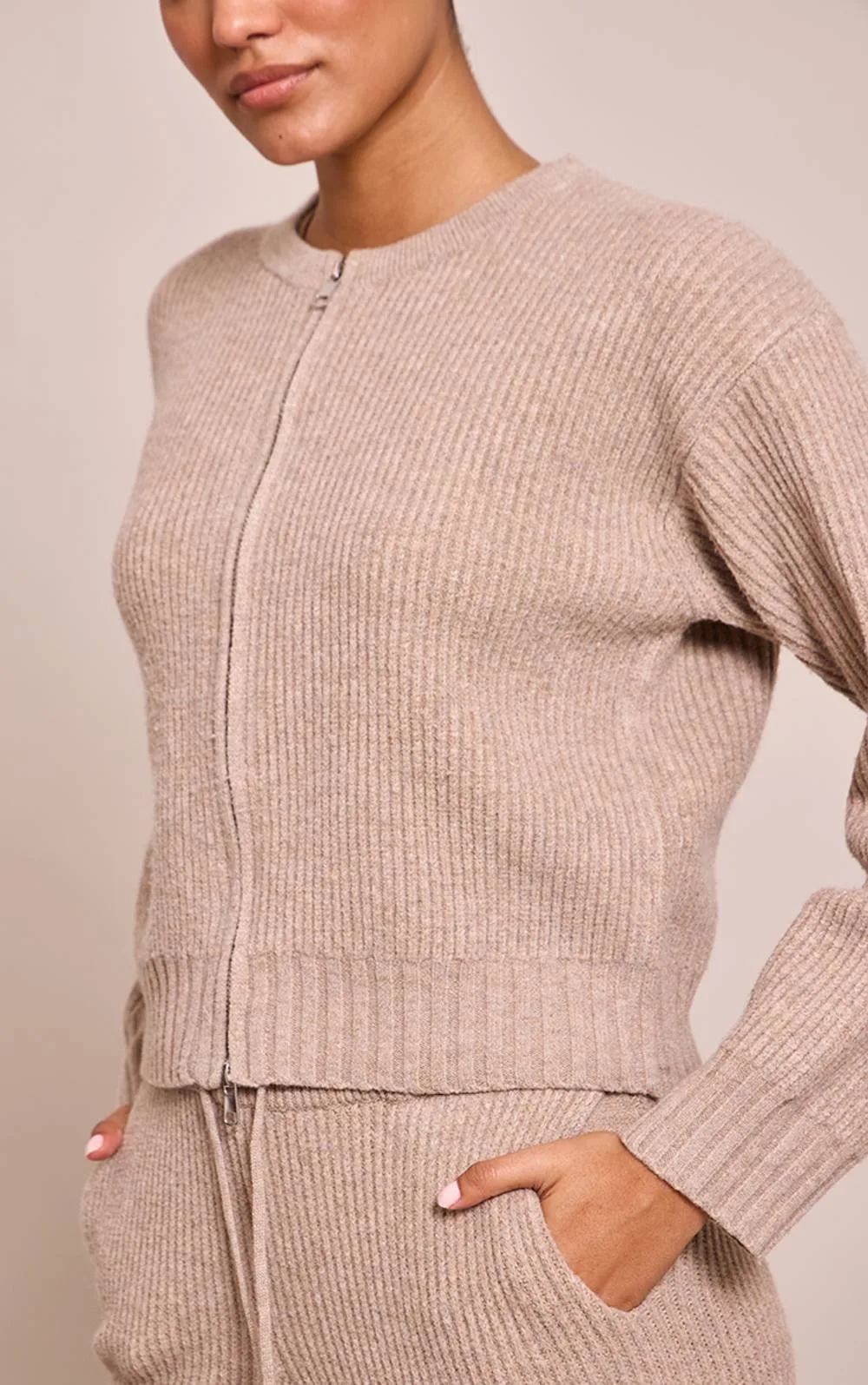Brushed Rib Knit Zip Through Cardigan Sweater