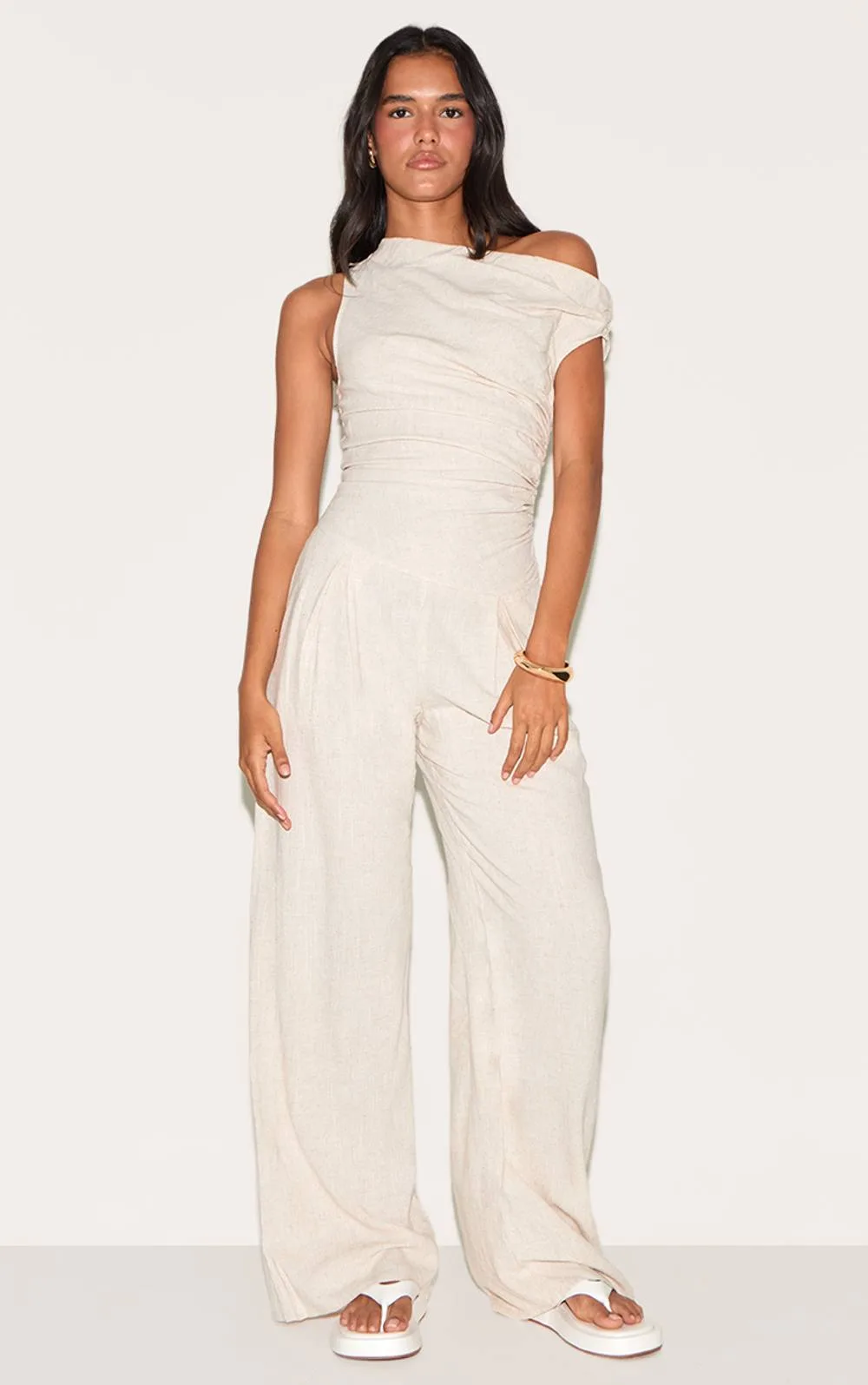 Twist Sleeve Linen Ruched One Sleeve Jumpsuit - Stone by PrettyLittleThing