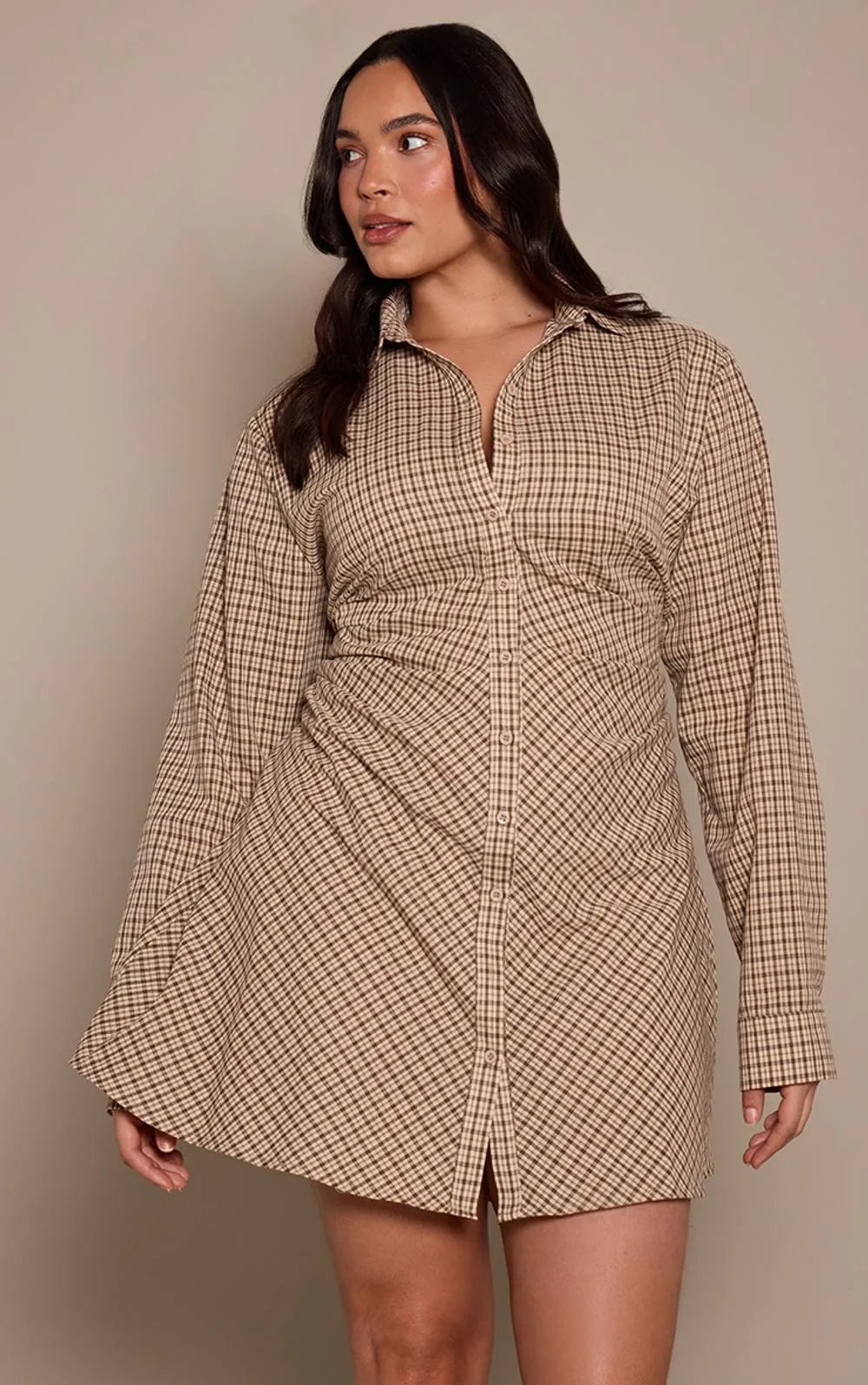Check Button Down Ruched Long Sleeve Shirt Dress