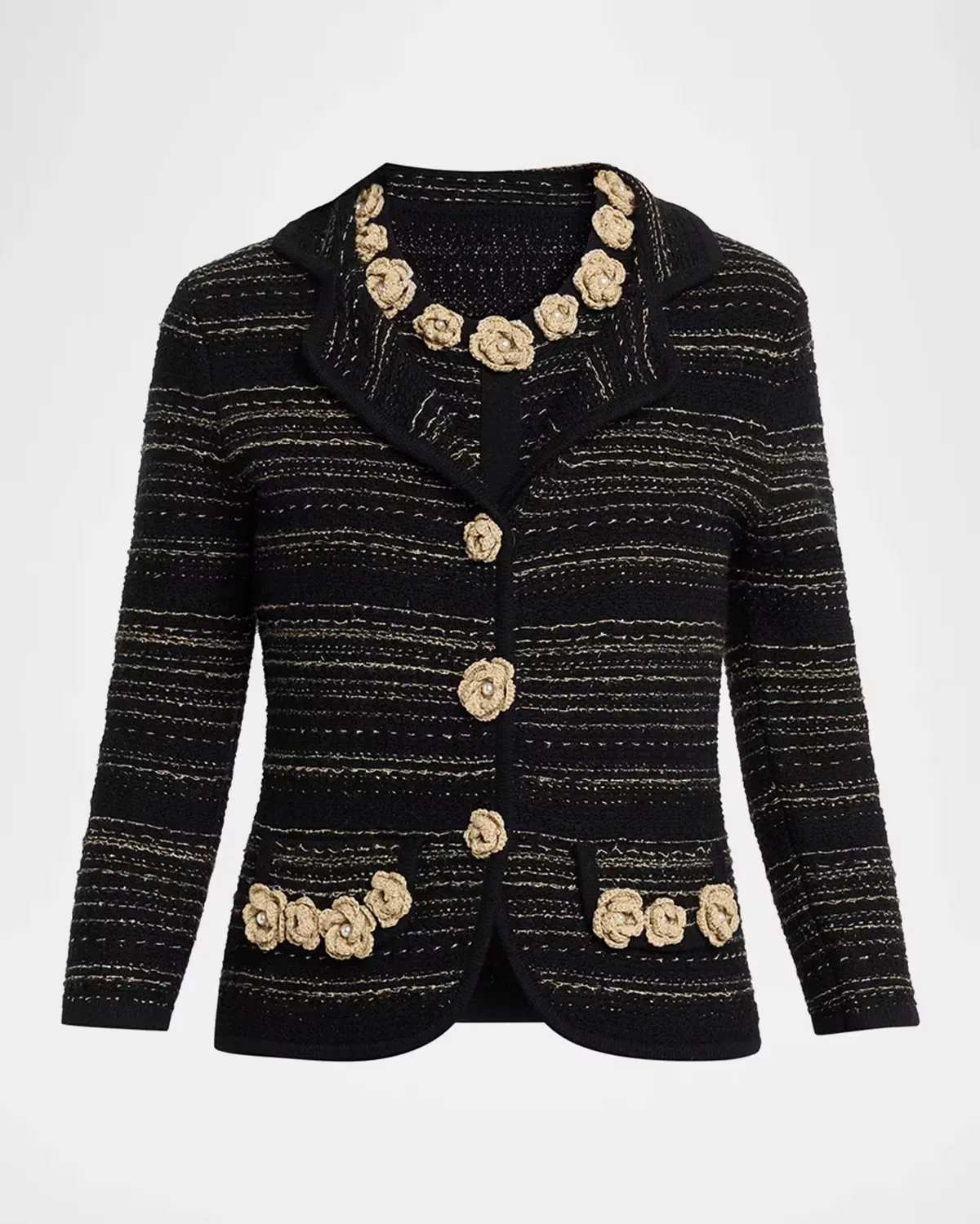 Crochet Floral Applique Striped Knit Jacket by Rickie Freeman for Teri Jon