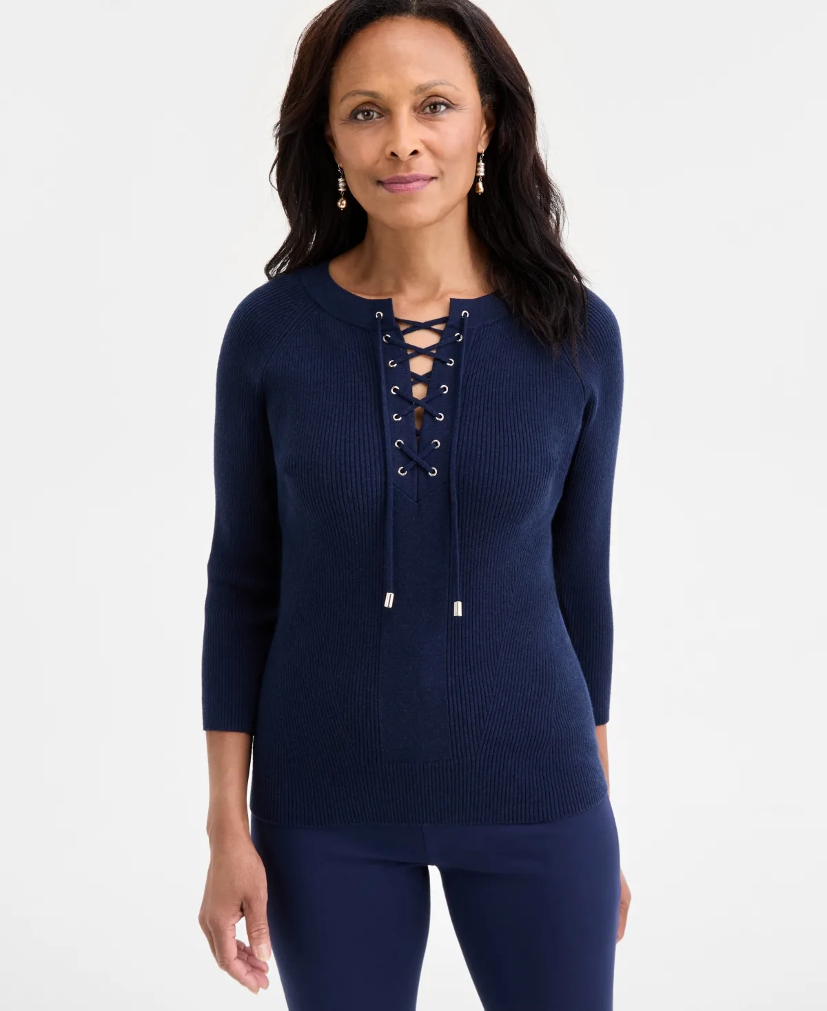 Ribbed Lace-Up Sweater by Jm Collection
