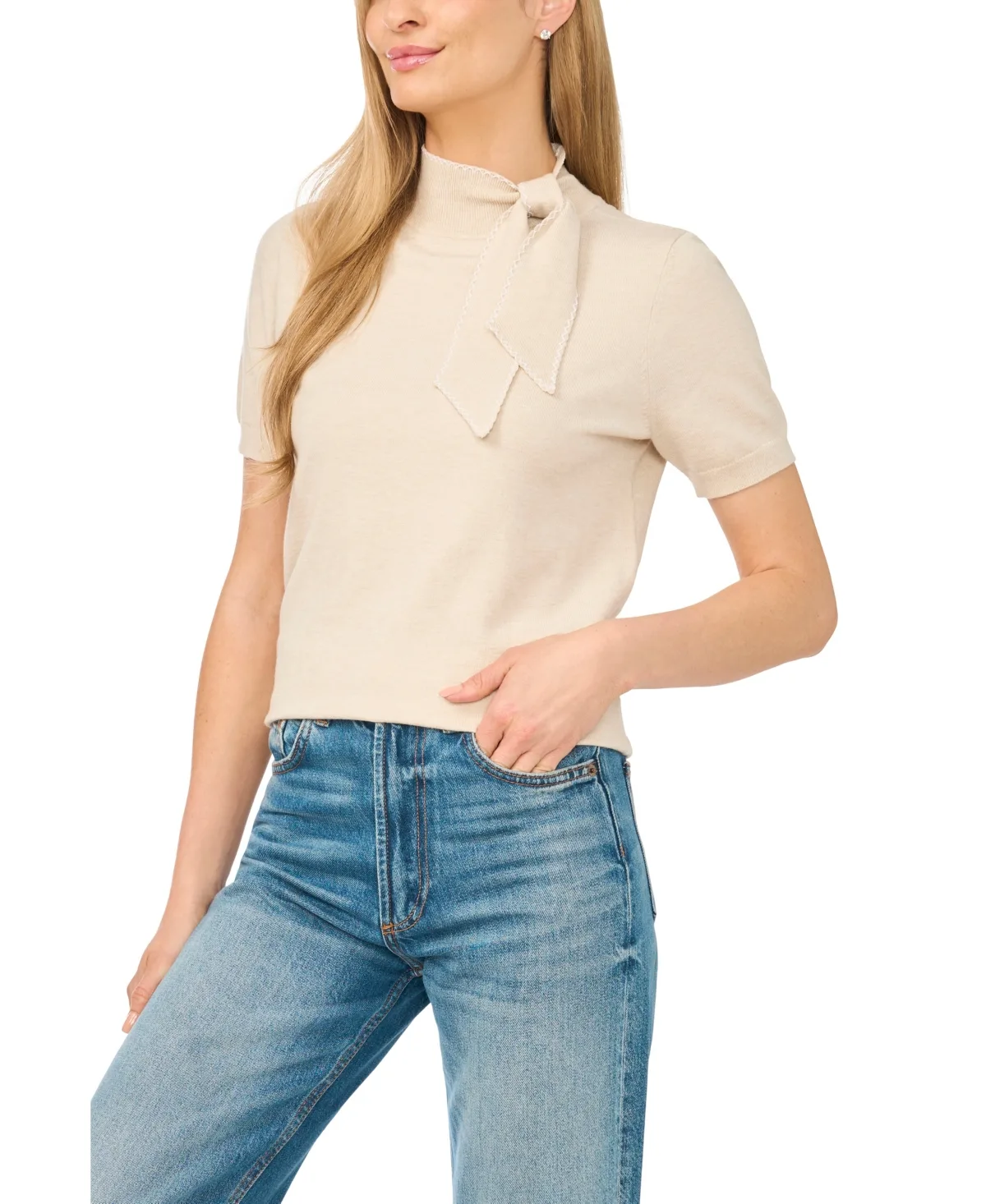 Scarf Tie Mock Neck Short-Sleeve Viscose Sweater