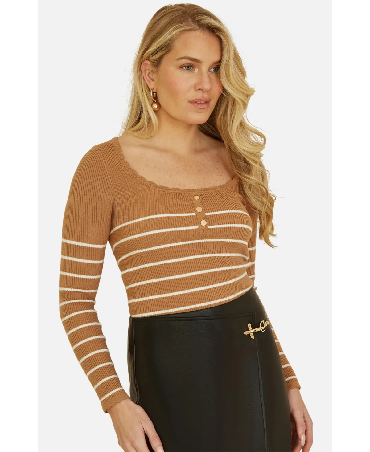 Button Detail Long Sleeve Rib Knit Top by Yumi