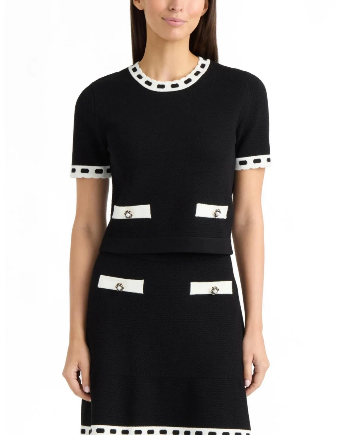 Honeycomb-Stitch Contrast-Trim Short-Sleeve Sweater by Ellen Tracy