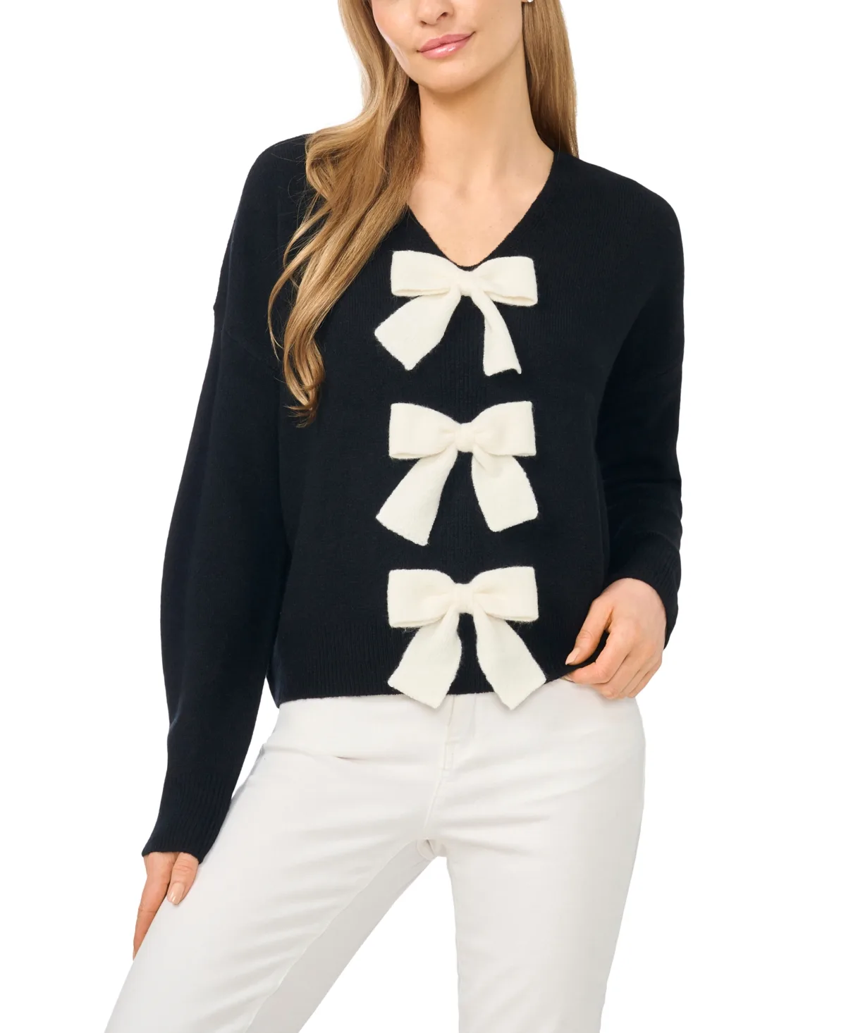 Contrast Bow Detail V-Neck Long Sleeve Sweater