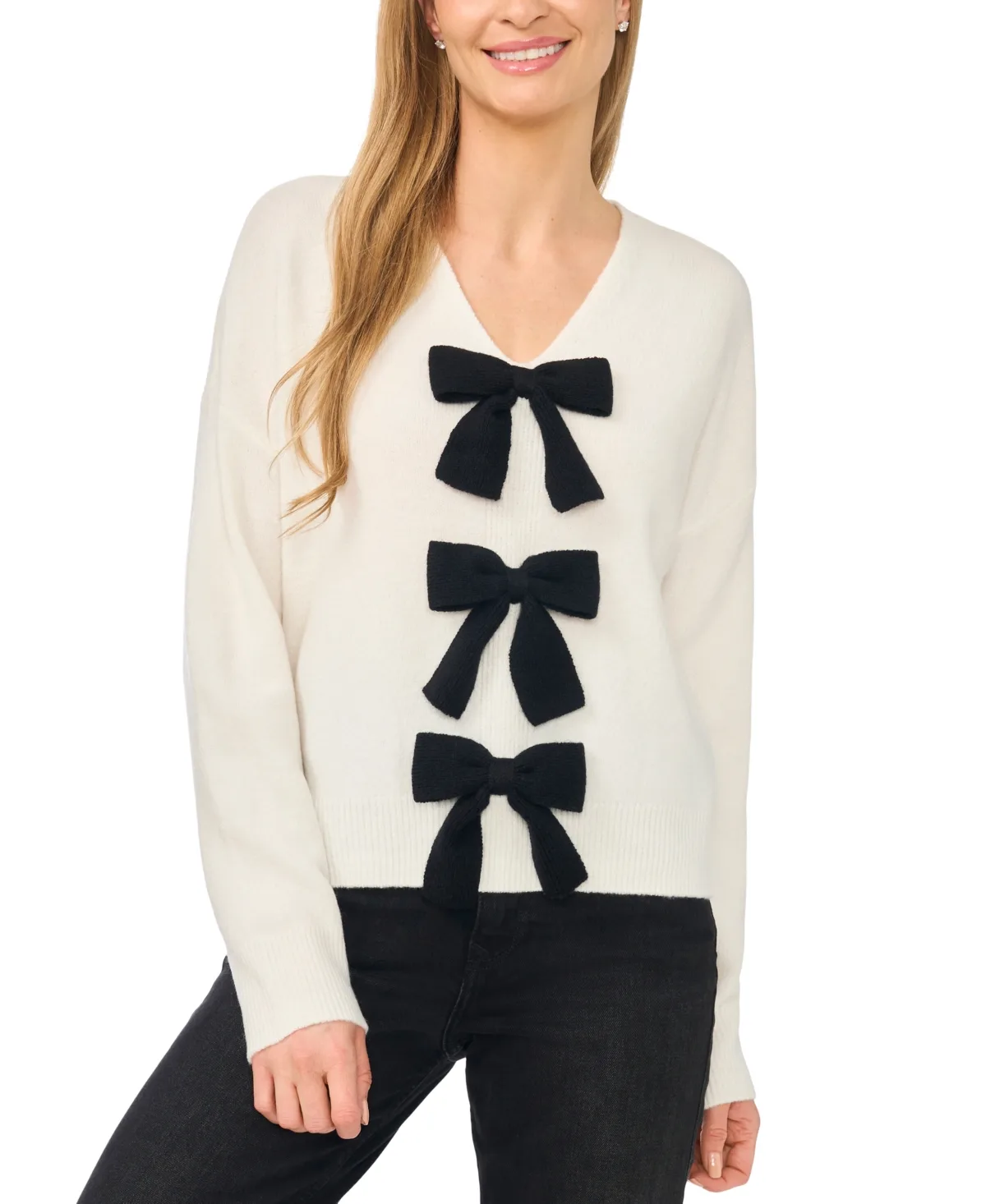 Contrast Bow Detail V-Neck Long Sleeve Sweater