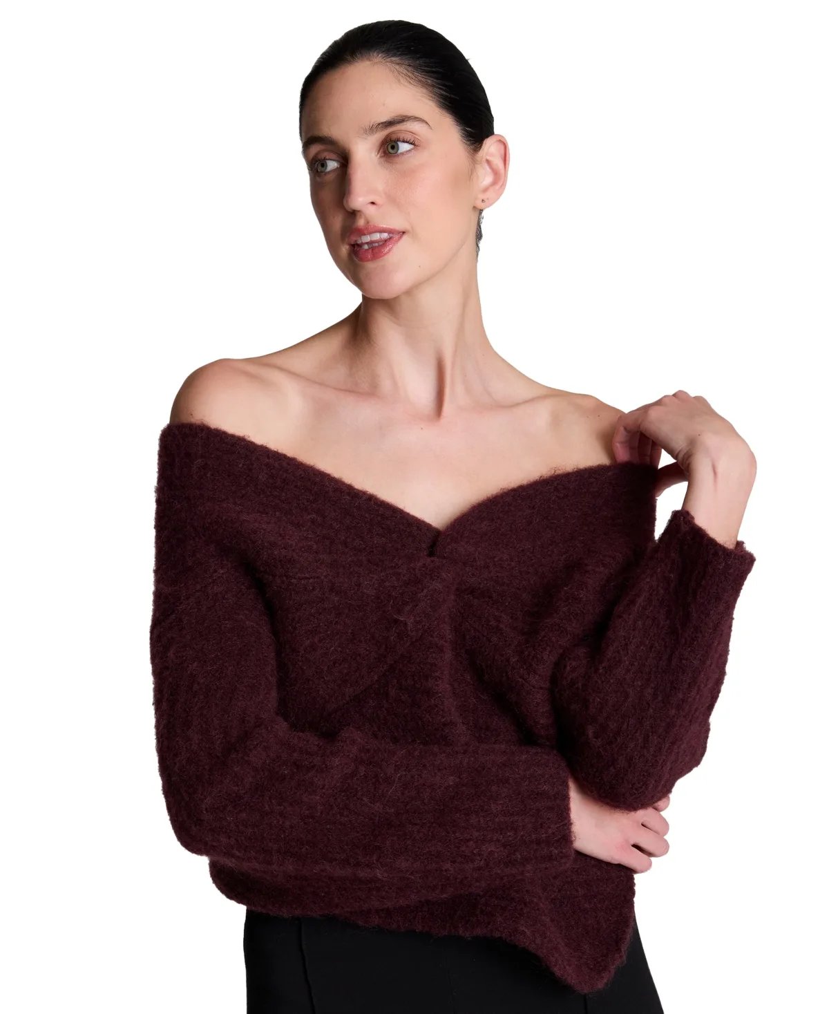 Asymmetric Twist Neck Off-the-Shoulder Sweater