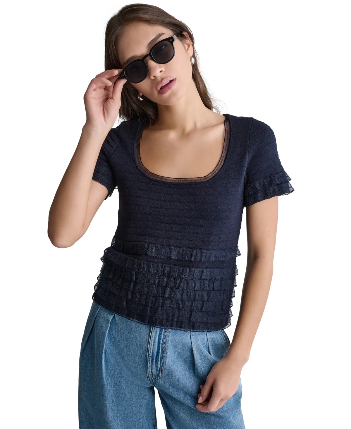 Pointelle Ruffle Short-Sleeve Sweater by Bcbg