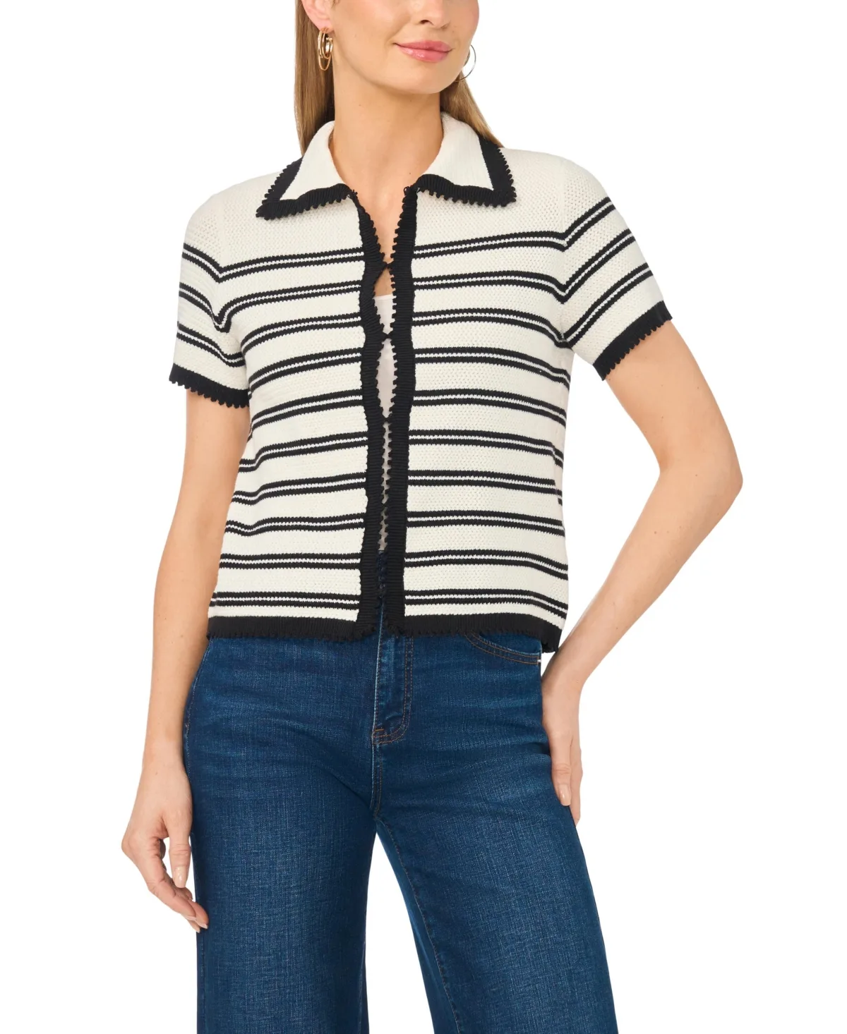 Striped Collared Short-Sleeve Cardigan by Vince Camuto