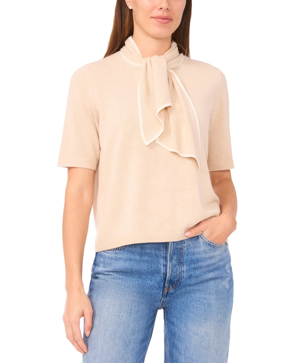 Tipped Tie-Neck Pull-On Sweater