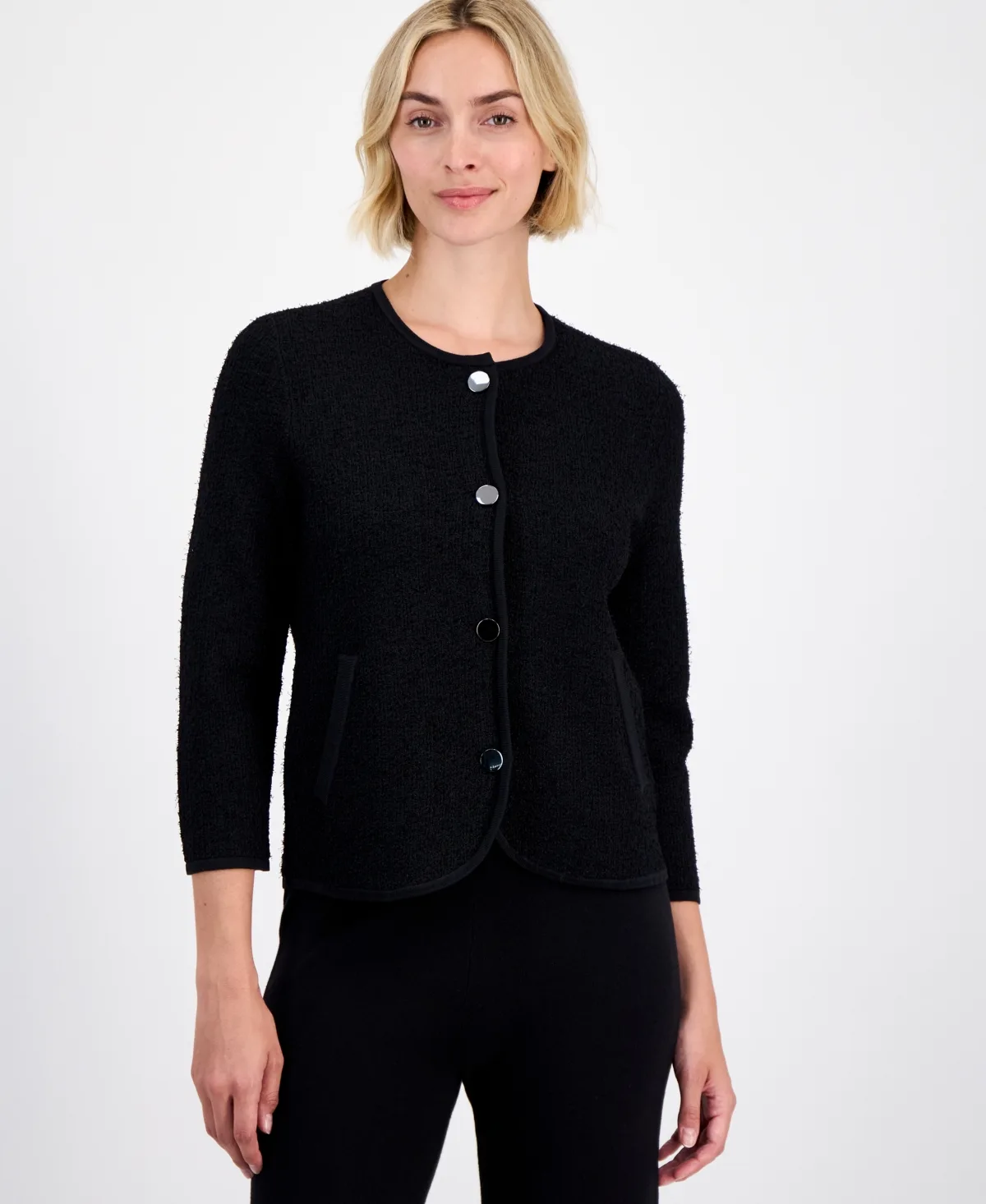 Eyelash-Texture Patch-Pocket Cardigan by Anne Klein