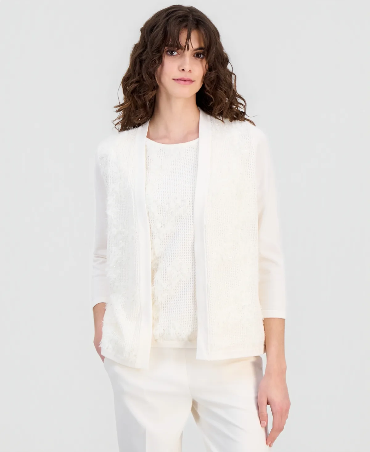 Open-Front Floral-Applique Cardigan by Anne Klein