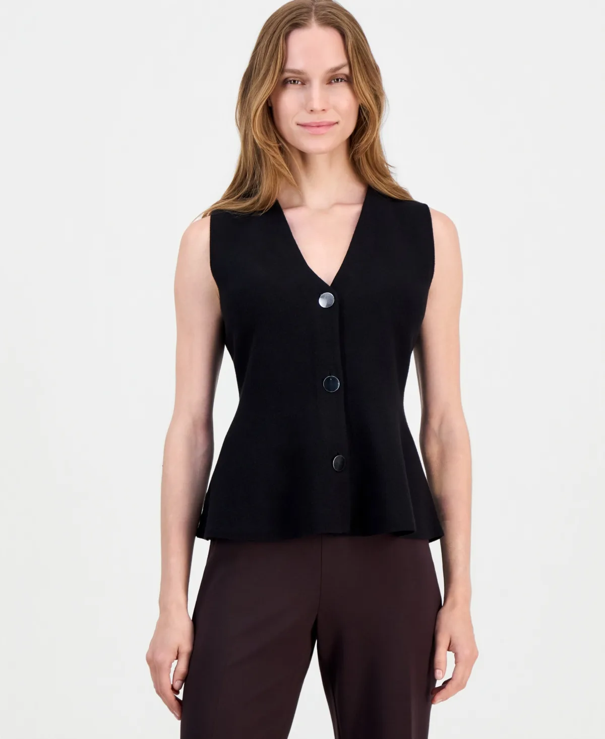 V-Neck Button-Front Peplum Vest by Anne Klein