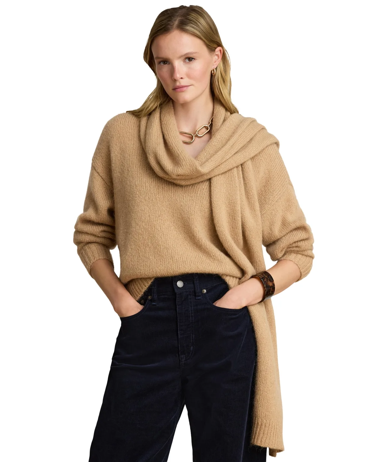 Lofty Mohair Blend-Long Detachable Scarf V-Neck Sweater by Lauren Ralph Lauren