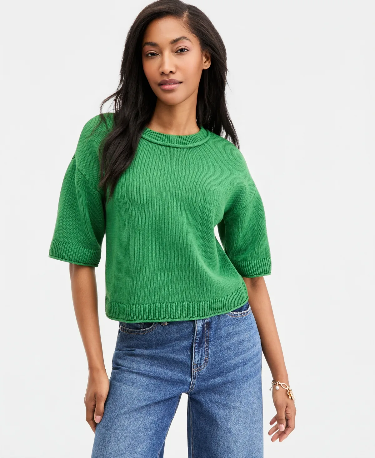 Cotton Short-Sleeve Relaxed Crew Sweater by On 34th