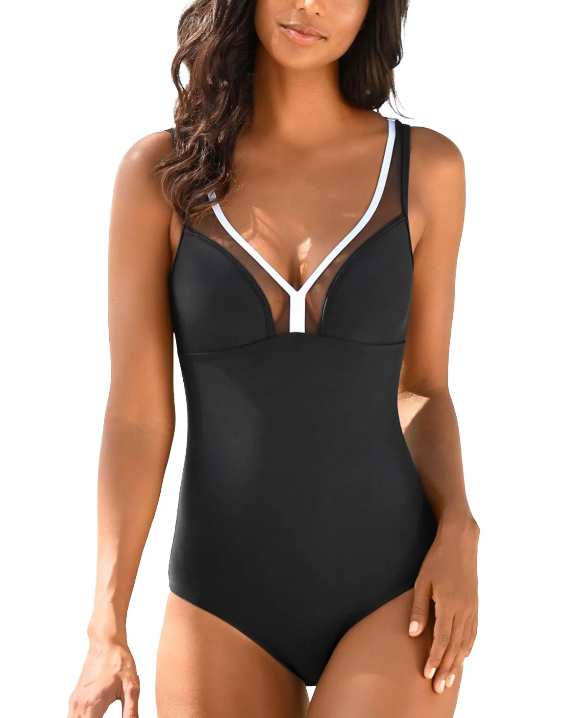 Mesh Trim Tummy Control One Piece Swimsuit Bra Sizing by Lascana