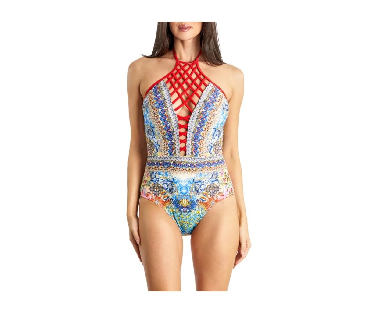 Lace Up One Piece Swimsuit by La Moda Clothing