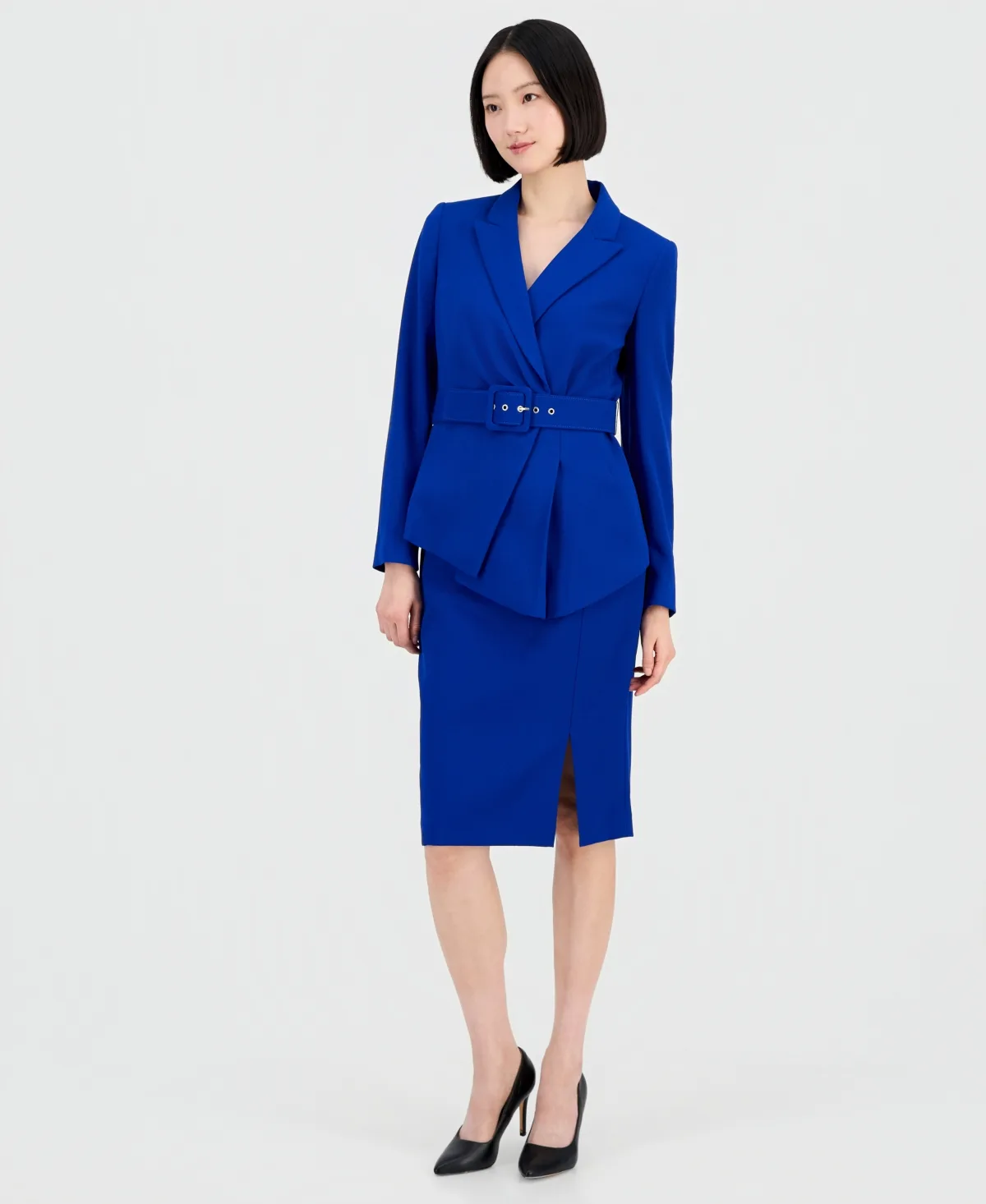 Asymmetrical Belted Jacket & Pencil Skirt Suit Set by Tahari Asl