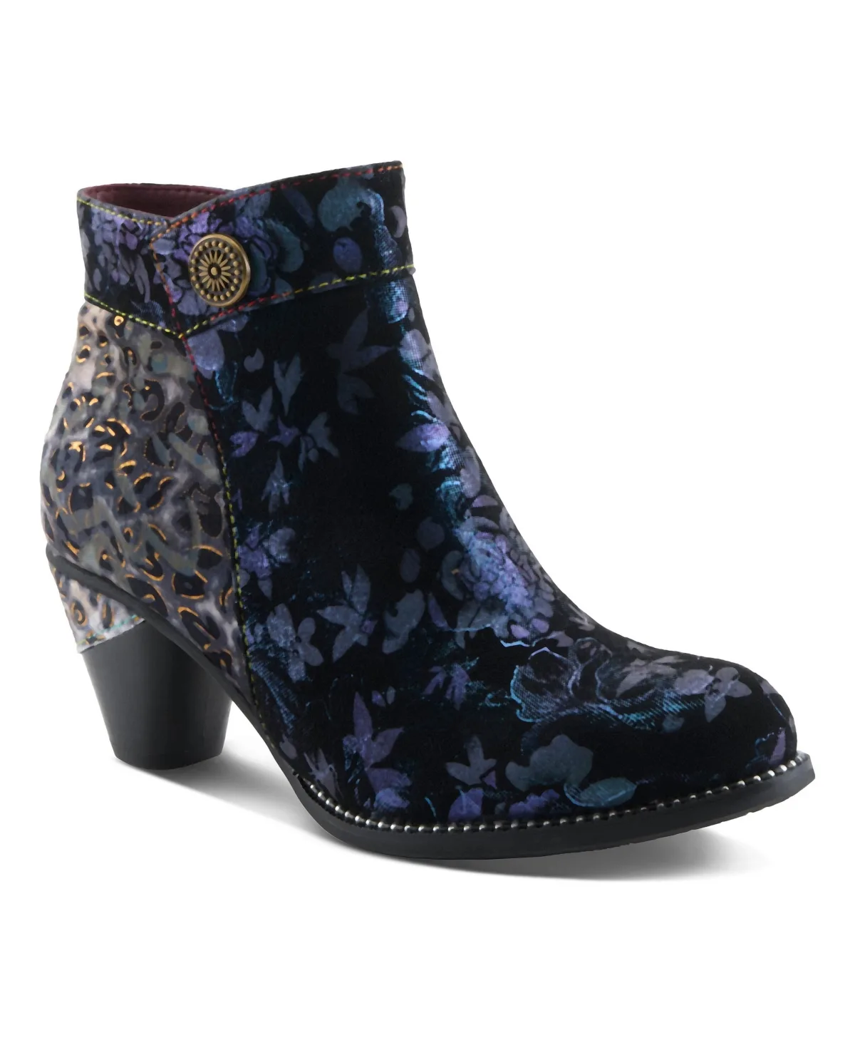 Dessalynn Floral and Animal Print Suede Ankle Boots with Velvet Lining, Decorative Button, Side Zipper, and Sculpted Mid Heel