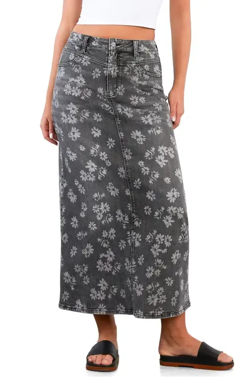 Maxi Skirt in Grey Floral Denim by HINT OF BLU