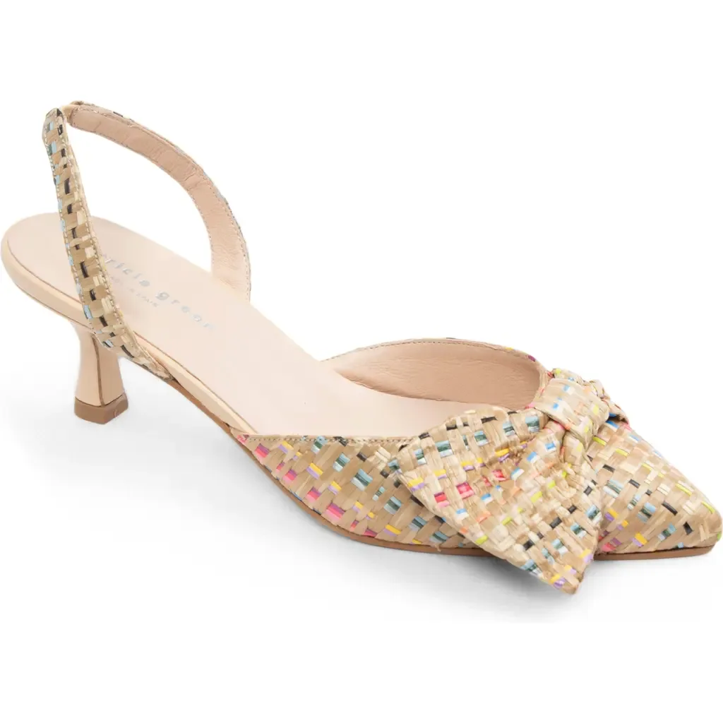 London Bow Pointed Toe Kitten Heel Pump in Rainbow Raffia by patricia green