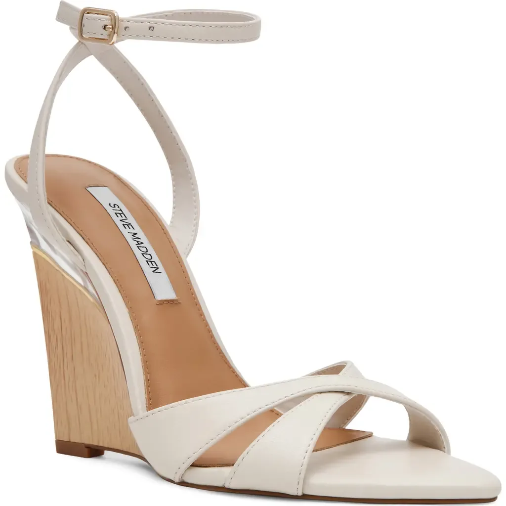 Sorynn Ankle Strap Pointed Toe Wedge Sandal in Bone Leather by Steve Madden