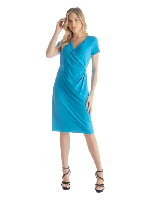 Short Sleeve Knee Length Faux Wrap Dress by 24seven Comfort Apparel