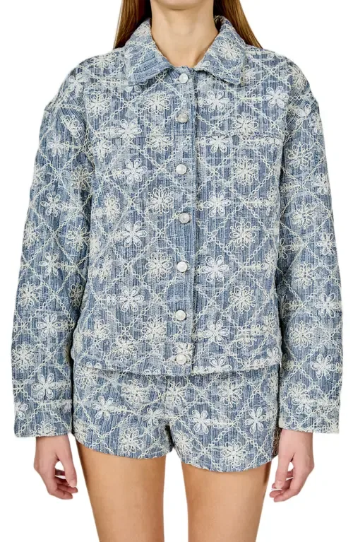 Floral Embroidered Nonstretch Denim Jacket by Endless Rose